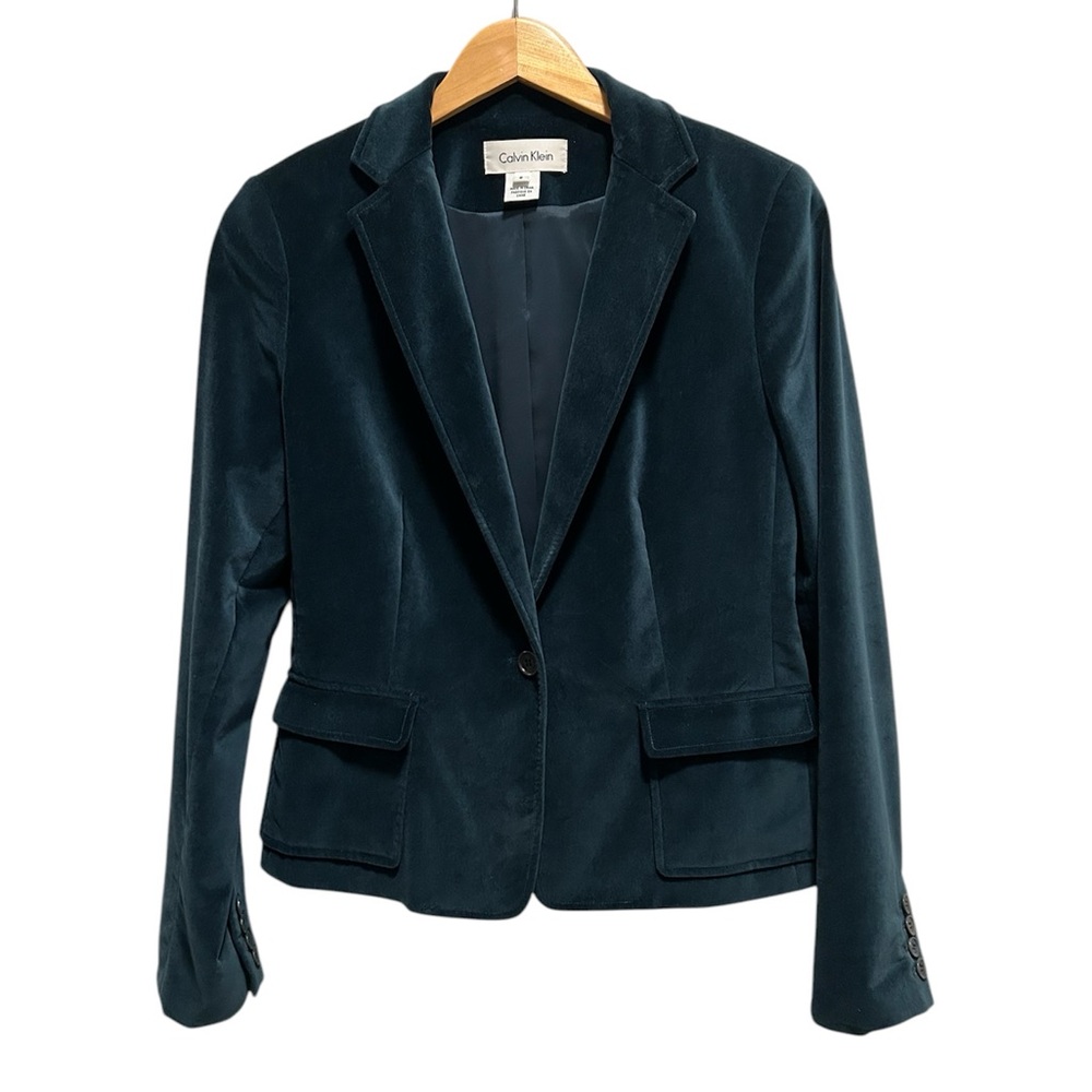 Calvin Klein Teal Blue/Green Velvet Beautifully Tailored Fitted Blazer Size 8